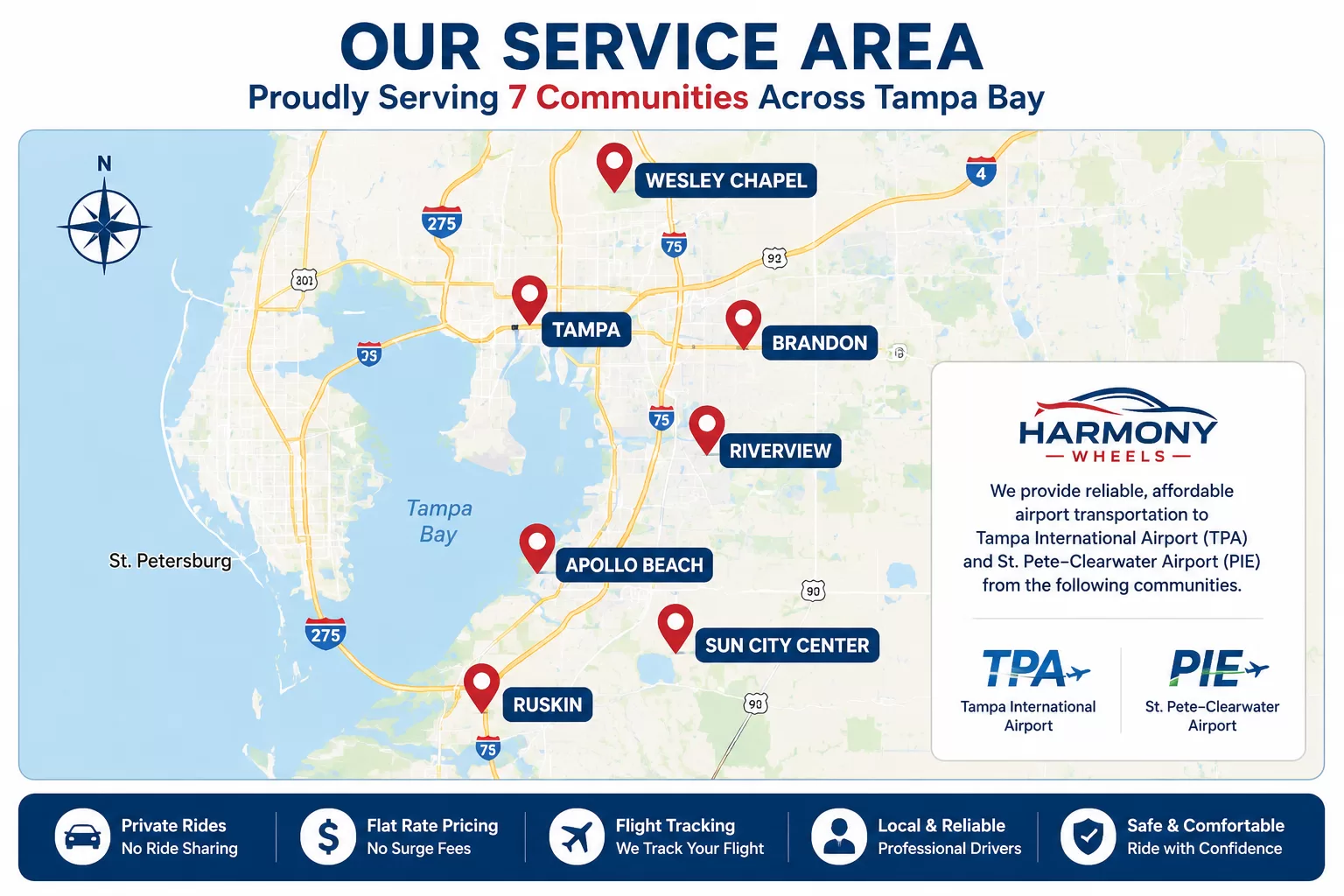 Airport transportation service areas across Tampa Bay
