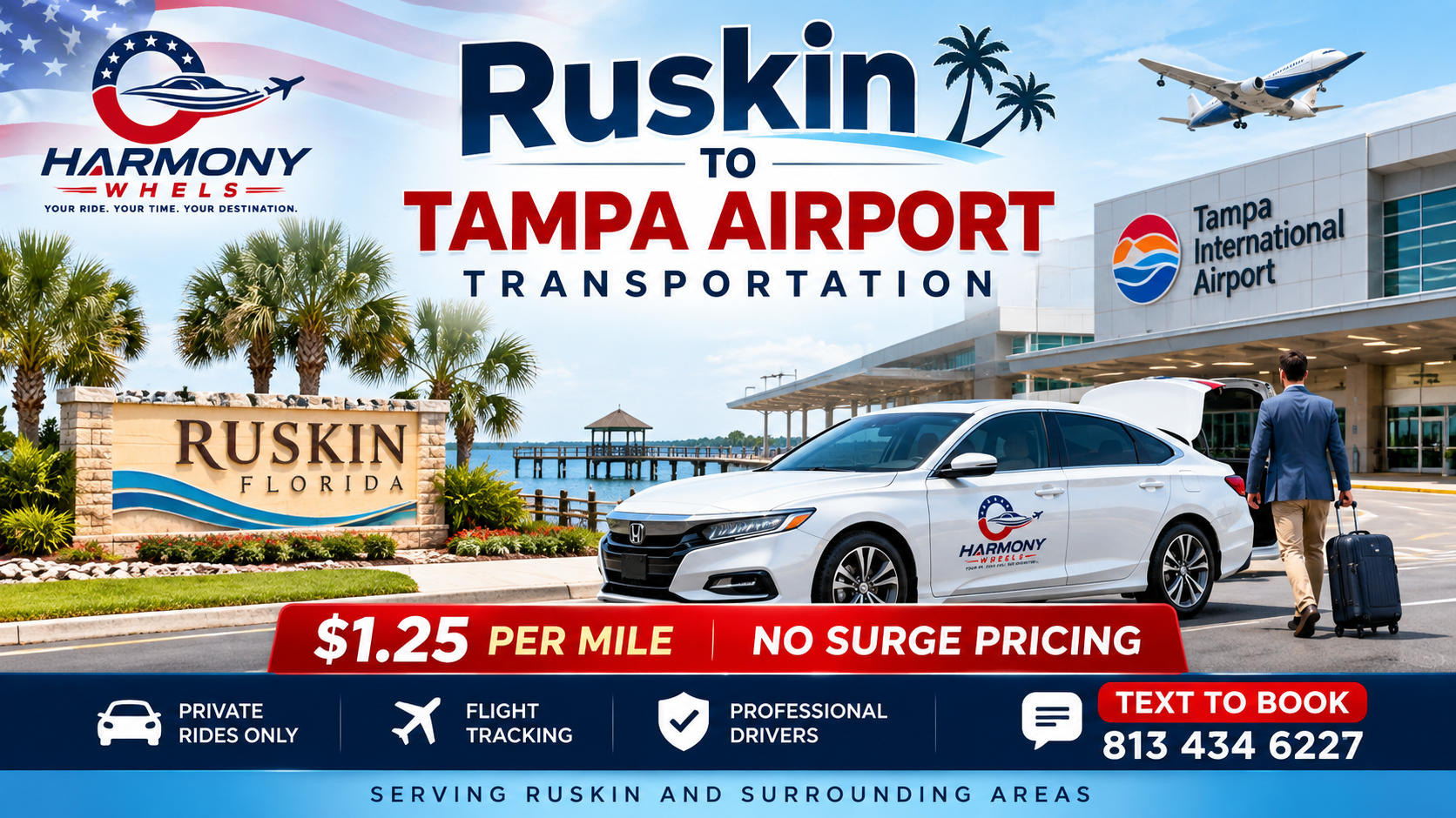 Ruskin to Tampa Airport transportation by Harmony Wheels
