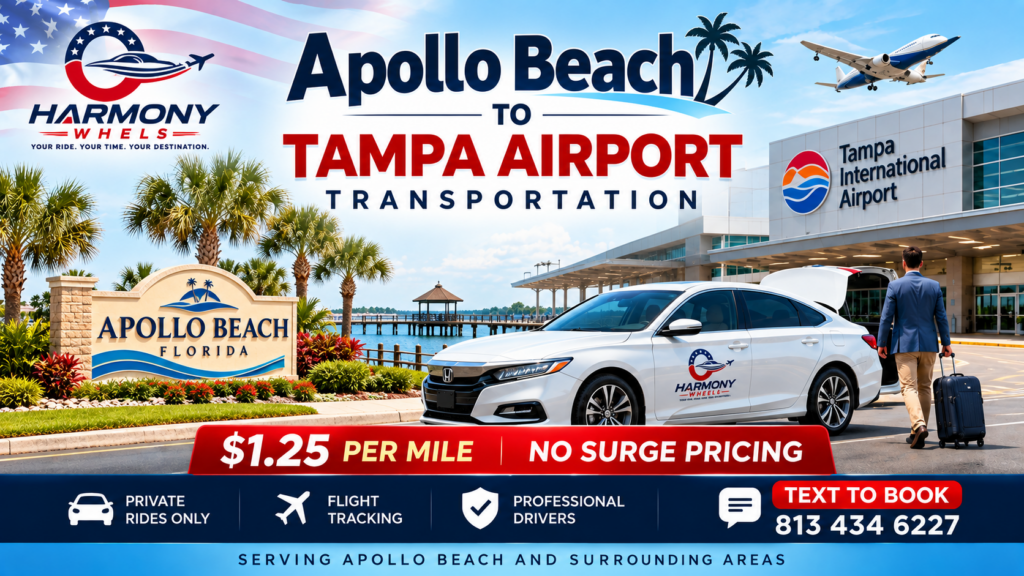 Apollo Beach to Tampa Airport transportation by Harmony Wheels