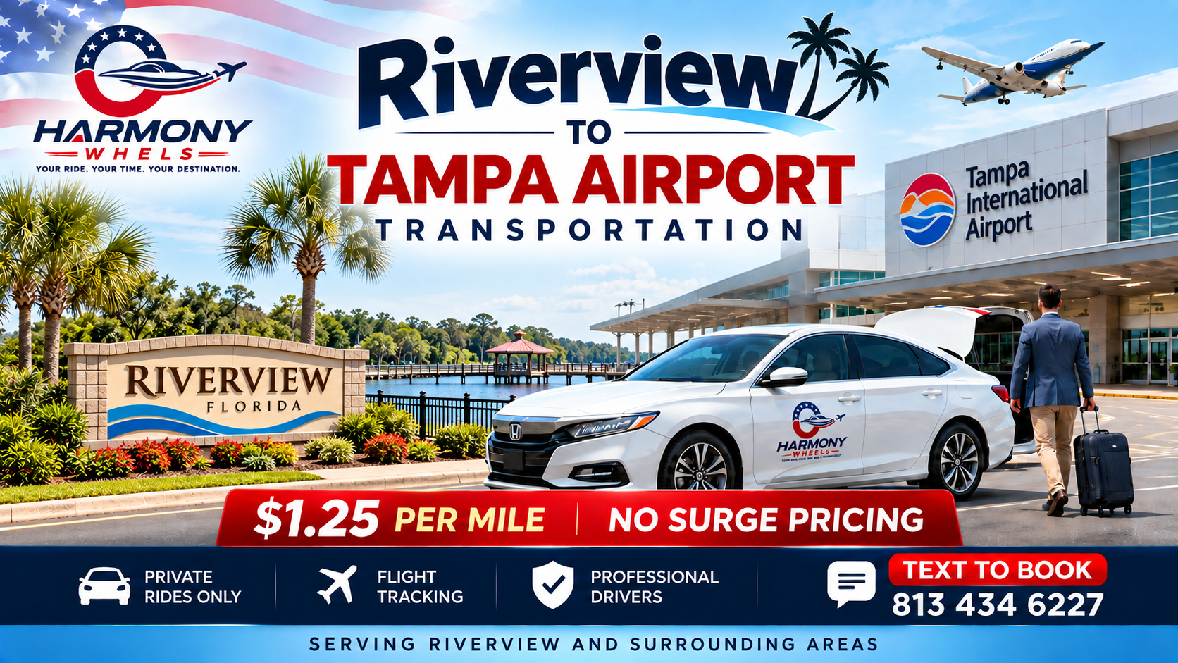 Riverview to Tampa Airport transportation by Harmony Wheels