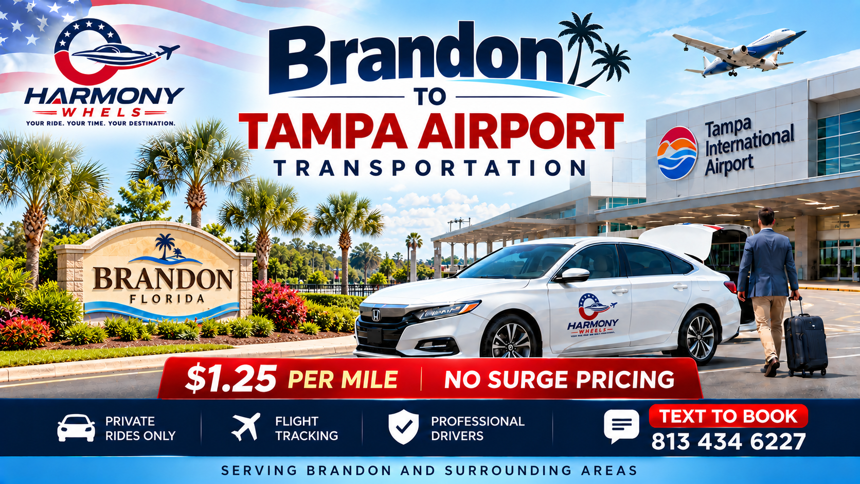 Brandon to Tampa Airport transportation by Harmony Wheels