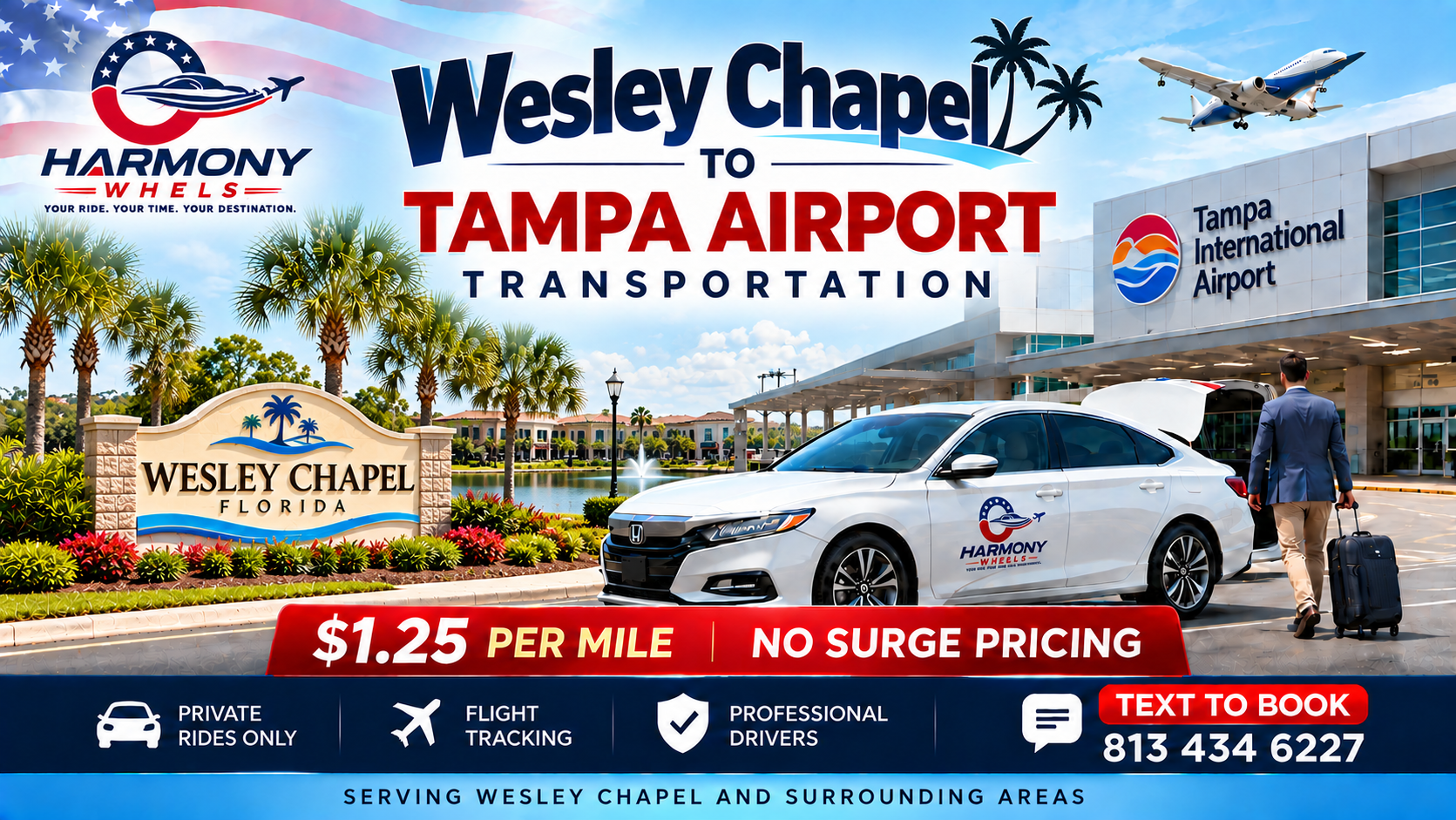 Wesley Chapel to Tampa Airport transportation by Harmony Wheels